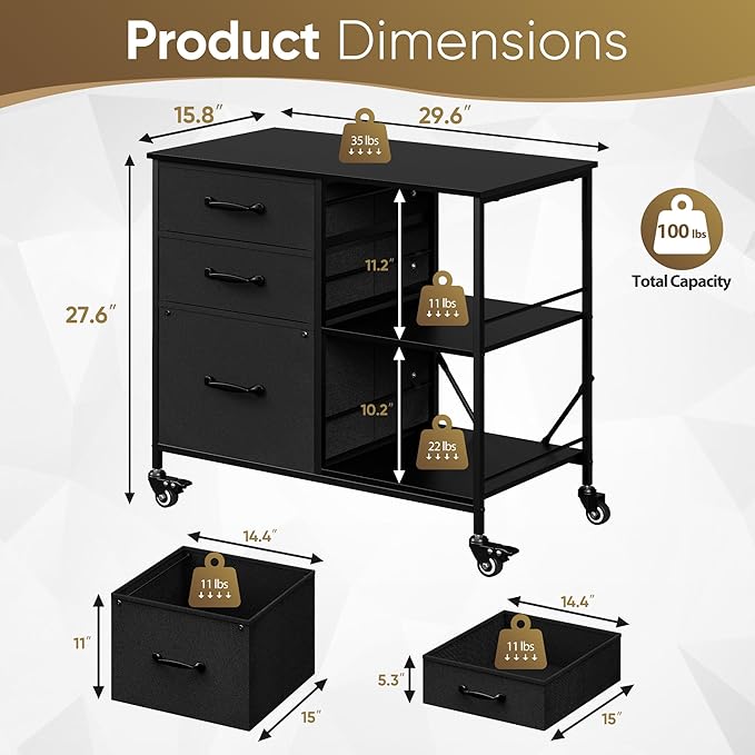 ZENY Lateral File Cabinet with 3 Drawers, Mobile File Cabinet Printer Stand, Rolling Fabric Lateral Filing Cabinet for Office Home Small Space (Black)