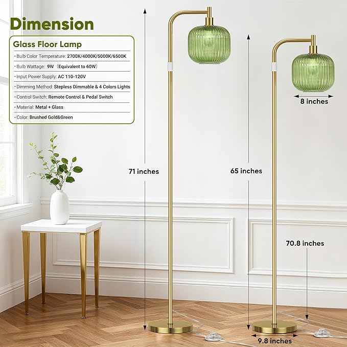 QiMH Glass Floor Lamp for Living Room, Modern Standing Lamp with Green Ribbed Glass Lampshade, Remote Control & Adjustable Height, 65” - 70”Tall Lamp for Bedroom Study Room, Brushed Gold