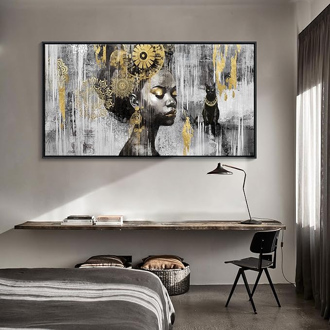 KLAKLA Black Wall Art - African American Black Girl Wall Art Colorful Black African Woman Black and Gold Picture Framed Wall Decor for Living Room Bedroom Home Decoration