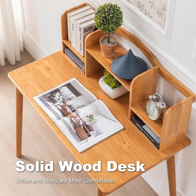 Solid Wood Desk with Drawers, Wooden Computer Desk for Home Office, Gaming Study Desk for Small Spaces, Writing Work Desk for Bedroom,Easy Assembly (Teak Color 40 inch)
