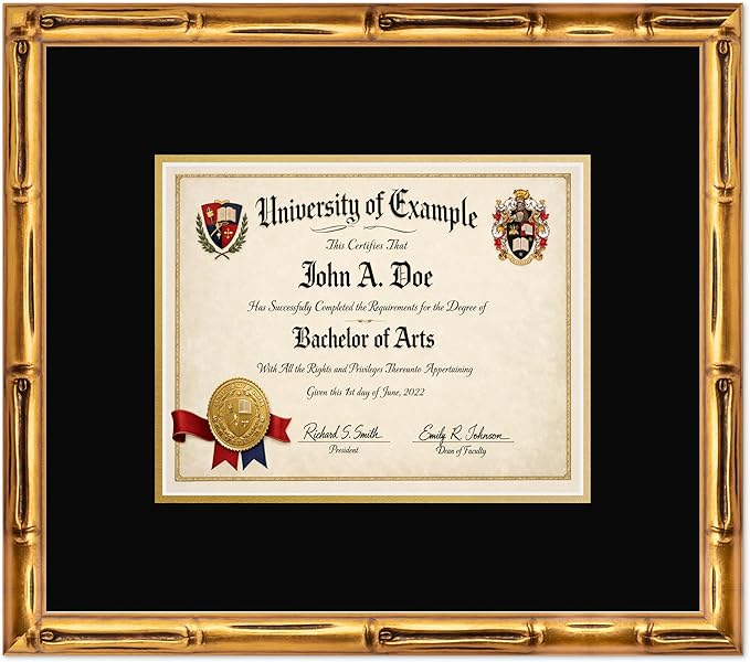 CountryArtHouse Diploma Frame Fits 10 x 8 Professional License - Keepsake Graduation Display Gold Bamboo Genuine Hardwood with Black Over Metallic Gold Double mat