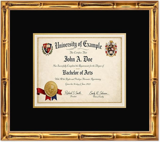 CountryArtHouse Diploma Frame Fits 10 x 8 Professional License - Keepsake Graduation Display Gold Bamboo Genuine Hardwood with Black Over Metallic Gold Double mat
