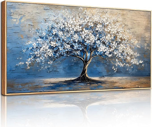 SERIMINO Tree of Life Large Framed Wall Art Prints, Blue Tree Abstract Art Wall Decor, Cherry Blossom Floral Plant Artwork for Walls, Modern House Decorations Living Room Bedroom Home Office 20"X40"