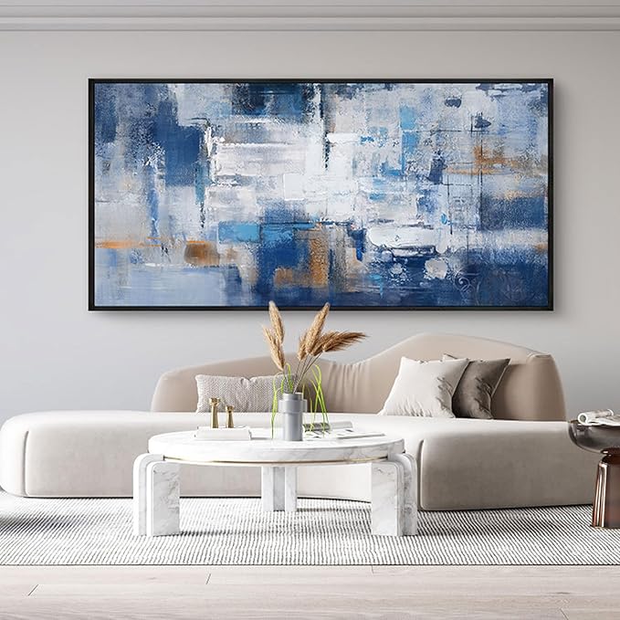 KLAKLA Navy Blue Abstract Canvas Wall Art - Black Frame Artwork Picture Living Room Wall Decor Modern Paintings Large Wall Art for Bedroom Home Decoration