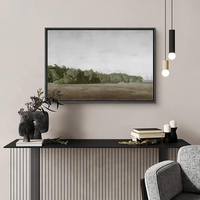 SIGNFORD Framed Canvas Wall Art Brown Meadow with Green Forest Landscape Wilderness Oil Painting Impressionism Traditional Scenic for Living Room, Bedroom, Office - 16x24 inches