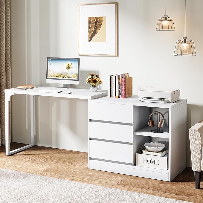 Tribesigns L-Shaped Computer Desk with Drawers and Shelves, Reversible White Corner Office Desk with Storage Cabinet, Modern Study Writing Table for Home Office, Bedroom