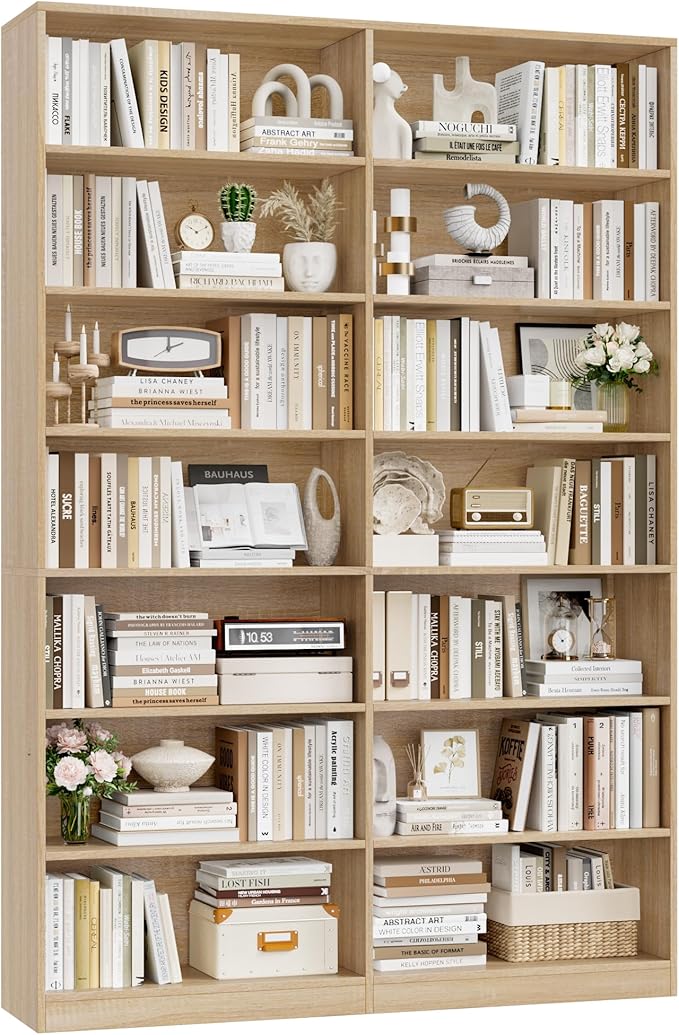 FACBOTALL 83.6" Tall Bookshelf and Bookcase, 7-Tier Extra Large Bookshelf with Double Storage, 14 Open Display Shelves for Home Office, Study and Living Room, Light Oak