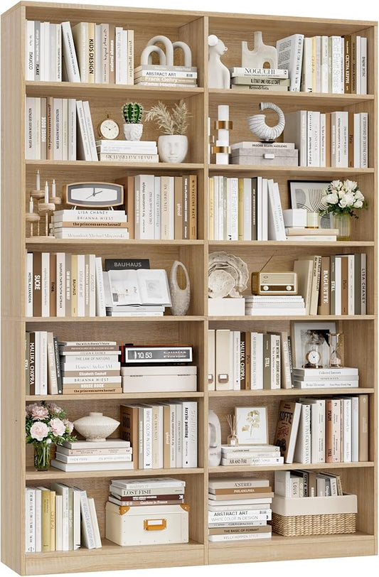 FACBOTALL 83.6" Tall Bookshelf and Bookcase, 7-Tier Extra Large Bookshelf with Double Storage, 14 Open Display Shelves for Home Office, Study and Living Room, Light Oak