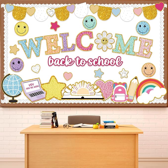 Welcome Back to School Bulletin Board Set Boho Groovy Classroom Decorations Colorful Preppy Face Paper Cutouts for Classroom Nursery Chalkboard Preschool Wall Door Decor Teacher Supplies