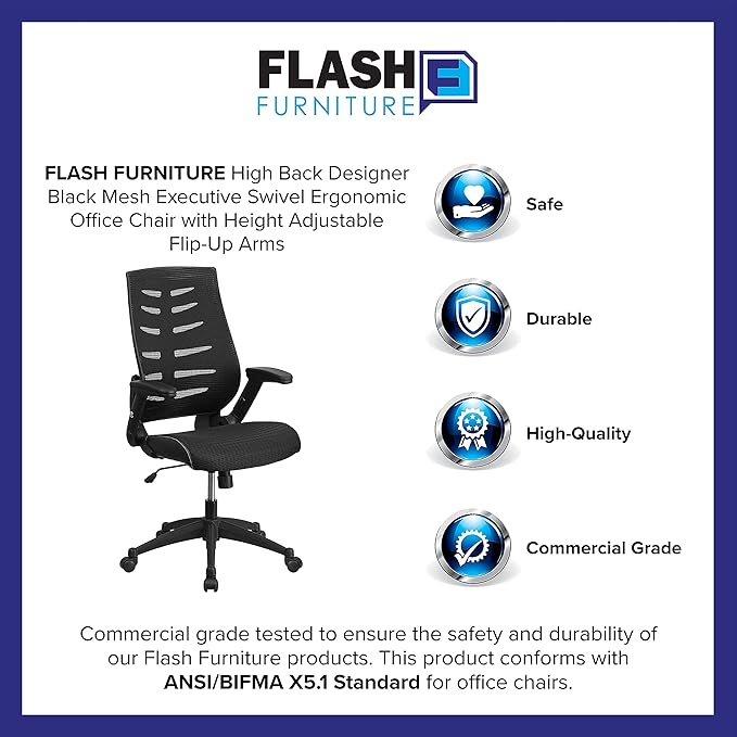 Flash Furniture Kale High Back Designer Black Mesh Executive Swivel Ergonomic Office Chair with Height Adjustable Flip-Up Arms