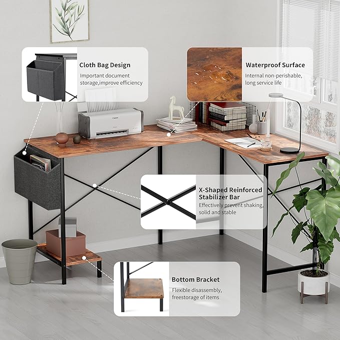 Simple Deluxe L Shaped Desk Gaming Computer 50 Inch Reversible Corner Table PC Work Table for Writing Study Student with Wood Tabletop Metal Frame CPU Stand Side Bag for Home Office Small Place