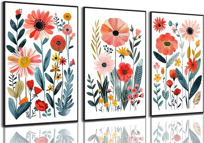KISSFOX Framed Colorful Wildflower Canvas Wall Art Set Of 3 Flowers Pictures Prints Flowers Printing Floral Watercolors Flower wall Decor Living Room Girls Bedroom Bathroom