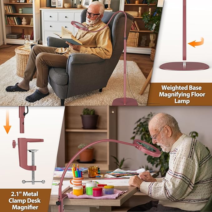 10X Magnifying Glass with Light and Stand, 24" Flexible Gooseneck Magnifying Floor Lamp, 3-in-1 LED 5 Color Modes Stepless Dimmable Lighted Magnifier Hands Free for Close Work, Reading - Red