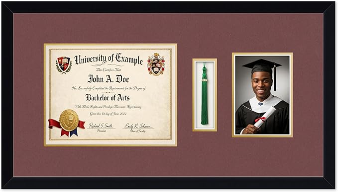 CountryArtHouse Diploma Tassel and Photo Shadowbox Fits 11 x 8.5 US Letter Certificate with Tassel Hoo Matte Black Genuine Hardwood with Dark Red Over Metallic Gold Double mat