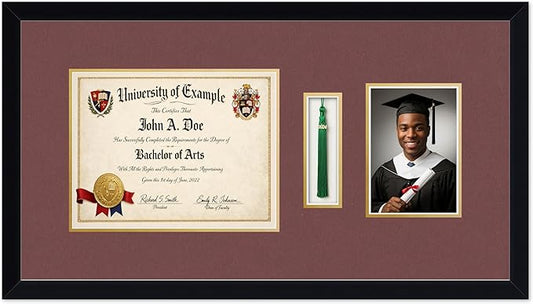 CountryArtHouse Diploma Tassel and Photo Shadowbox Fits 11 x 8.5 US Letter Certificate with Tassel Hoo Matte Black Genuine Hardwood with Dark Red Over Metallic Gold Double mat