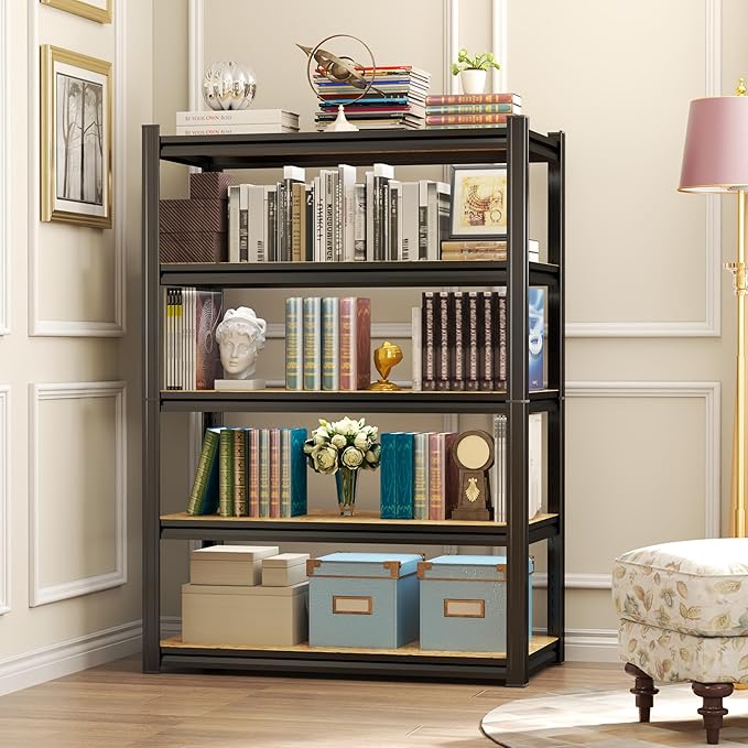 24"W Steel and Wood Book Shelf, 4 Tier Metal Bookcase, 1200LBS Display Shelving, Adjustable Utility Shelf Organizere, Standing Storage Shelves for Study, Bedroom, Living Room and Home Office, Black