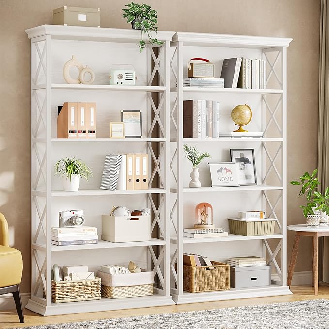 Tribesigns 6-Tier Bookcase Set of 2, 71 Inches Industrial Bookshelves and Bookcases, Floor Standing 5 Shelf Display Storage Shelves Tall Bookcase for Home Office, Living Room, Bed Room, White