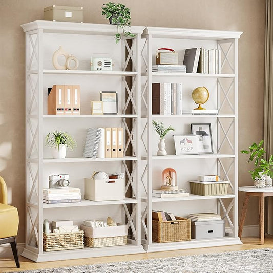 Tribesigns 6-Tier Bookcase Set of 2, 71 Inches Industrial Bookshelves and Bookcases, Floor Standing 5 Shelf Display Storage Shelves Tall Bookcase for Home Office, Living Room, Bed Room, White