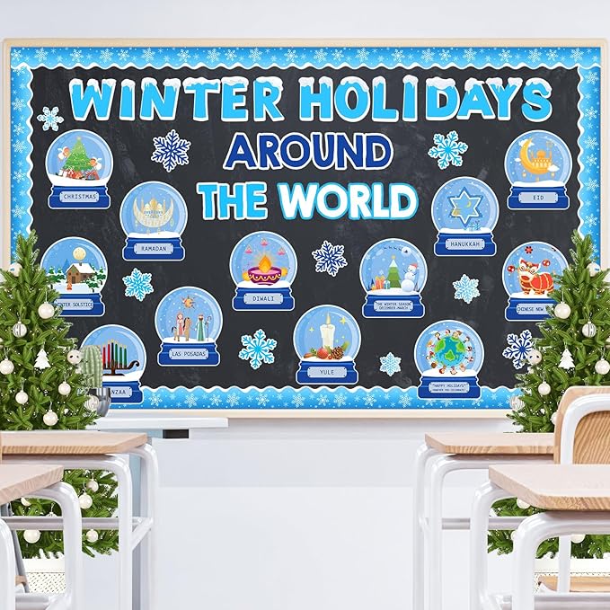 JarThenaAMCS Winter Bulletin Board Set Classroom Decorations Holiday Around The World Educational Paper Cutouts for Seasonal School Chalkboard Wall Decor