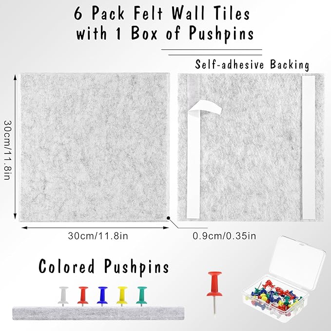 Large Cork Board 36" x 24", 6 Pack Felt Bulletin Board with 30 Pushpins, Cork Boards Alternative with Self-Adhesive Strips, Felt Wall Tiles Pin Boards for Walls Office Home School Decor-Light Gray