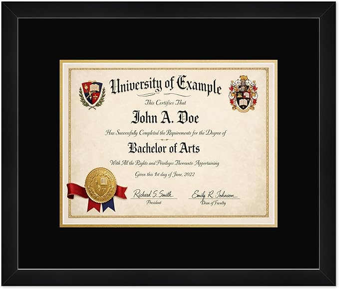 CountryArtHouse Diploma Frame Fits 13 x 10 College Diploma (Traditional) - Keepsake Graduation Display Matte Black Genuine Hardwood with Black Over Metallic Gold Double mat
