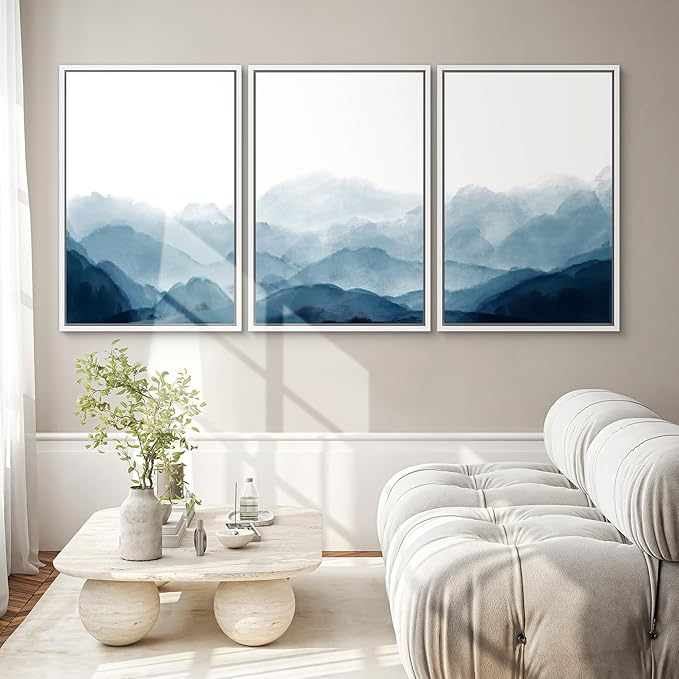 SIGNWIN Framed Canvas Print Wall Art Blue Watercolor Mountains in Fog Nature Wilderness Modern Art Cool for Living Room, Bedroom, Office - 24"x36"x3 White