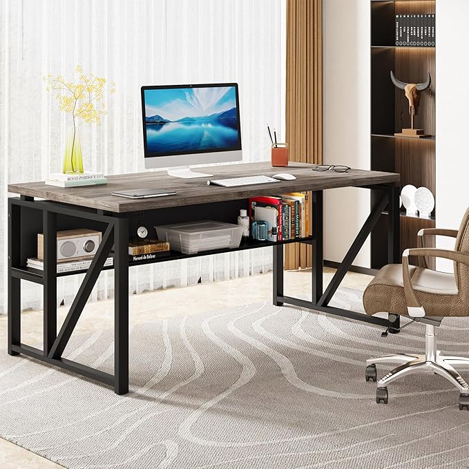 Tribesigns 55 inches Computer Desk with Bottom Storage Shelf Home Office Desk Writing Table for Workstation,Dark Walnut + Steel Leg， Cabinet not Included (Dark Oak, 55-inch -with Shelf)