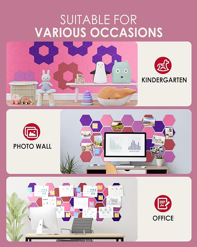 MaxGear 8Pcs Hexagon Felt Cork Board Tiles, Purple Gradient Self-Adhesive DIY Bulletin Board Pin Board for Office School Home Wall Decor Stickers Photos Display Memos