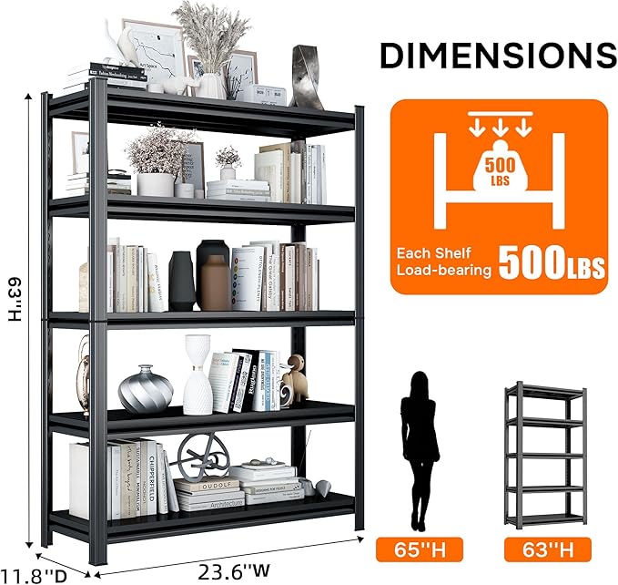 Book Shelf, Metal Bookshelves, Heavy Duty Steel Bookcases, Large Storage Capacity Adjustable Tall Industrial Bookshelf for Living Room, Bedroom and Library, Black (5-Tier 63''Hx23.6''Wx11.8''D)