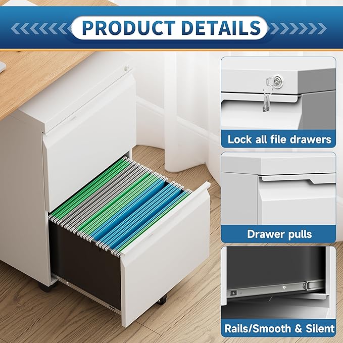 2 Drawer File Cabinet with Lock,Filing Cabinet for Home Office,Small Rolling for Legal/Letter/A4 File,Mobile Cabinets on Wheels Under Desk -White