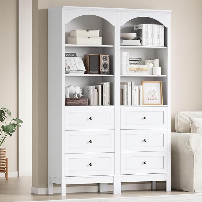Bookshelf with Drawers, 71" Tall Wood Bookcase with Adjustable Shelf, 24" Wide Arched Book Shelf, Floor Standing Display Storage Cabinet for Home Office, Study and Living Room, Modern White