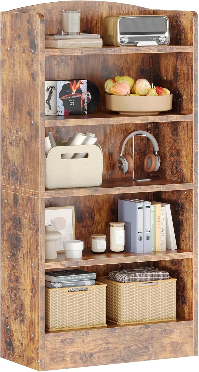 5-Tier Wooden Bookshelf，Open Bookcase with Storage Shelves, Floor Standing Unit, Furniture Selection for Living Room,Bedroom, Home Office, Rustic Rrown