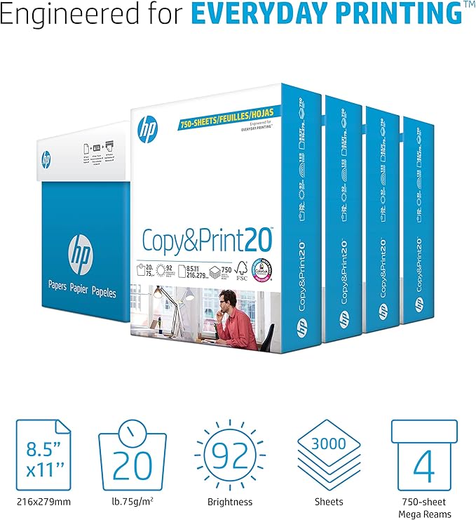 HP Printer Paper | 8.5 x 11 Paper | Copy &Print 20 lb | 4 Bulk Pack Case - 3000 Sheets | 92 Bright | FSC Certified | 200030C