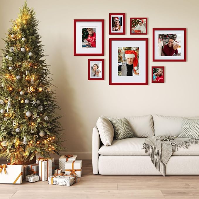 Egofine 4x6 Frames Set of 4, Made of Solid Wood Covered by Plexiglass 3x4.5 and 3.5x5 with Mat or 4x6 without Mat, for Table Top Display and Wall Mounting Photo Frame, Cherry Red