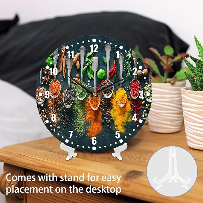 SPUNKER Clocks for Living Room,Colourful Herbs Spices 10 Inch Wall Clock,Spoons Small Battery Operated Wall Clocks Decorative for Kitchen/Living Room/Bedroom/Bathroom/Dining Room