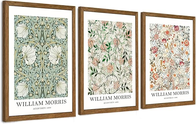 InspiredHues 3 Pieces William Morris Classic Canvas Wall Art, Green Pink and White Floral Design Wall Decor, Vintage Botanical Art Prints for Living Room Office Home Decoration 16x24 inch Wood Framed