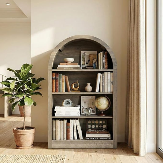 Bookcase, 4-Tier Tall Bookshelf, 47.6" Wood Open Display Floor Arched Book Shelf, Large Storage Organizer for Bedroom and Living Room Gray