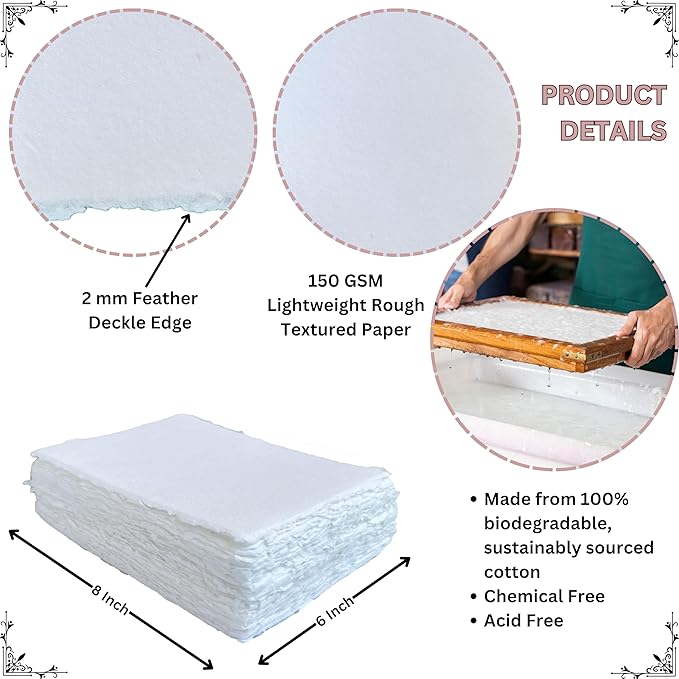 Handmade Cotton Paper with Deckle Edge Recycled Cotton Rag Mixed Media Card Stock for Watercolor, Writers, Invitations, Crafts (150gsm, 6x8 inch "A5", 50 Pack)