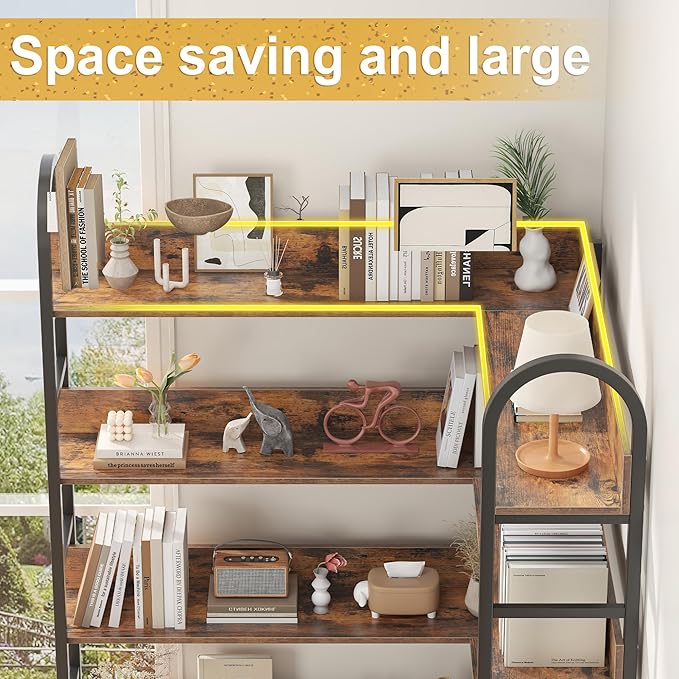 Semoic 5 Tiers Tall Corner Bookshelf, Large Heavy Duty Industrial Corner Bookcase with Metal Frame, L Shaped Bookshelves and Bookcases Etagere Bookcase Display Storage Shelves for Living Room, Brown