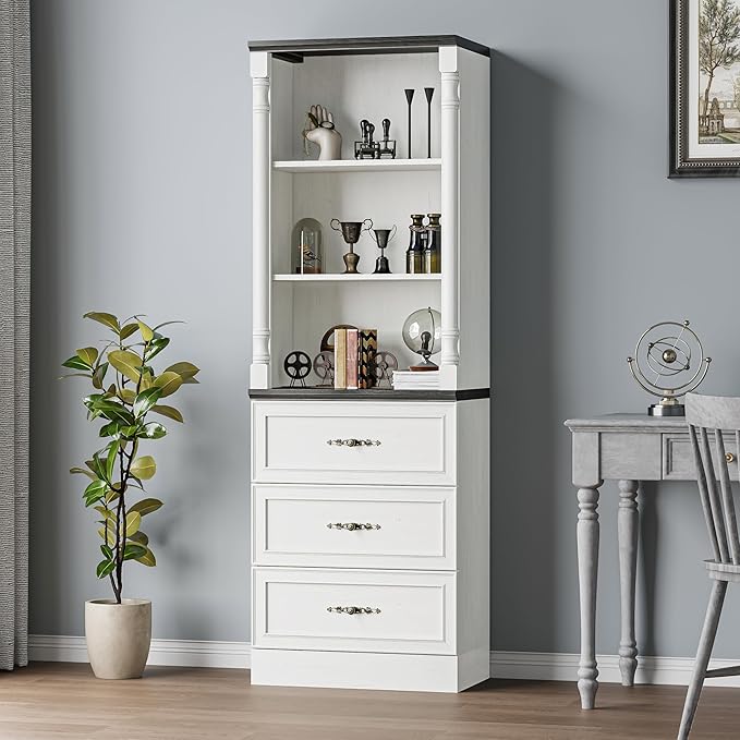 Bookshelf with Drawers, 71" Tall Wood Bookcase with Adjustable Shelf, 24" Wide Book Shelf, Floor Standing Display Storage Cabinet for Home Office, Study and Living Room, Antique White