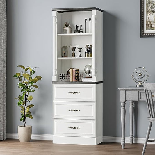 Bookshelf with Drawers, 71" Tall Wood Bookcase with Adjustable Shelf, 24" Wide Book Shelf, Floor Standing Display Storage Cabinet for Home Office, Study and Living Room, Antique White