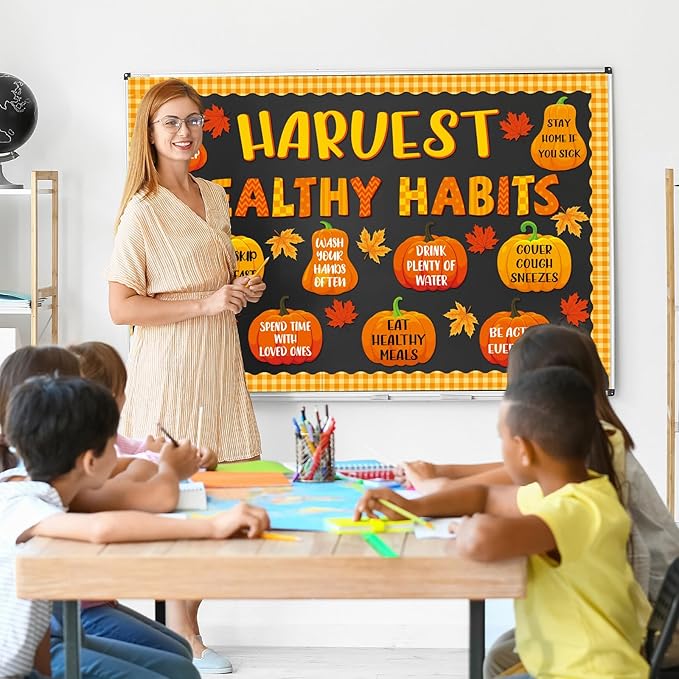 Fall Pumpkin Healthy Bulletin Board Decorations Autumn Pumpkin Health Theme Paper Cutouts Fall Healthy Habits Bulletin Board Border Set for School Chalkboard Wall Decor Supplies