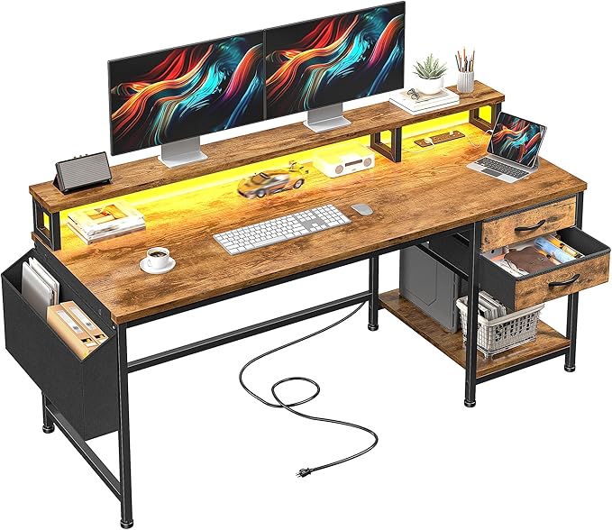 55" Gaming Desk with LED Strip, Computer Desk with Drawers & Storage Bag, Office Desk with Power Outlets & Monitor Stand, Home Office Desks for Bedroom, Gaming Room, Rustic Brown