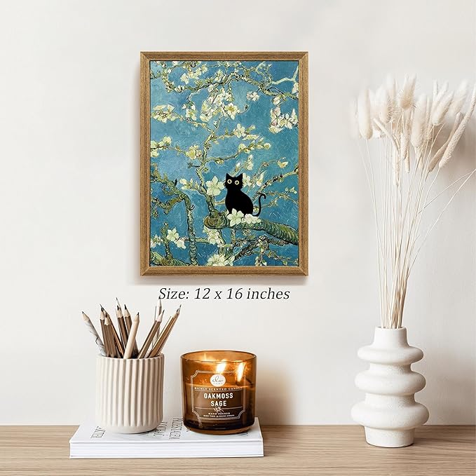 Fantasy Artists Van Gogh's Almond Blossom Funny Black Cat Canvas Wall Art, Oil Painting Posters Home Decor, Vintage Abstract Aesthetic Wall Decorations for Living Room Bedroom, 12'' x 16''