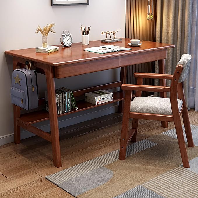 SAZDFY Solid Wood Home Office Desk Workstation, Writing Desk with 2 Drawer and Shelves,Mid Century Modern Computer Desk PC Study Table for Small Spaces(120x60x75cm(47x24x29in), Walnut)