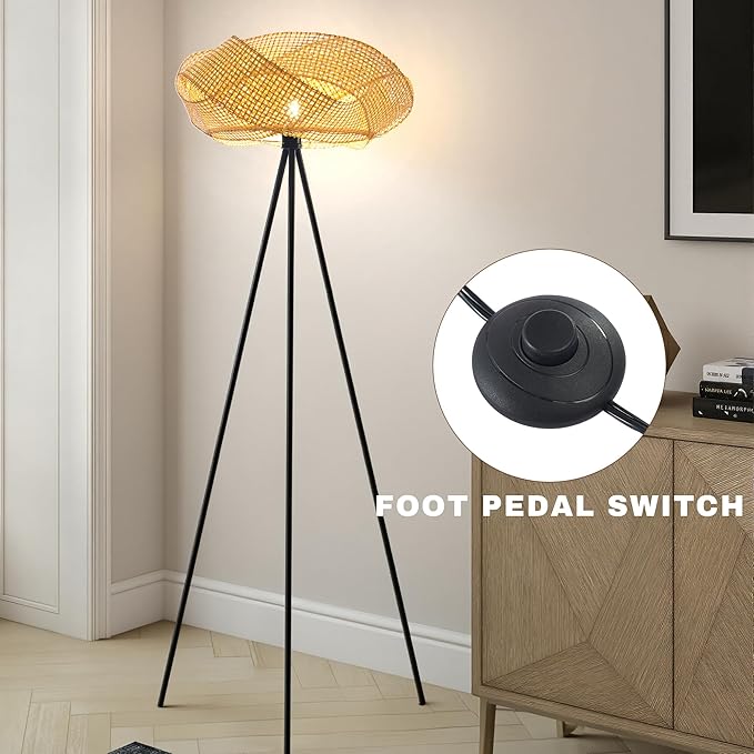 Bamboo Tripod Floor Lamp, Handwoven Lotus Shade Standing Lamp, Boho Natural Woven Light with Black Metal Stand for Living Room Bedroom,Nature