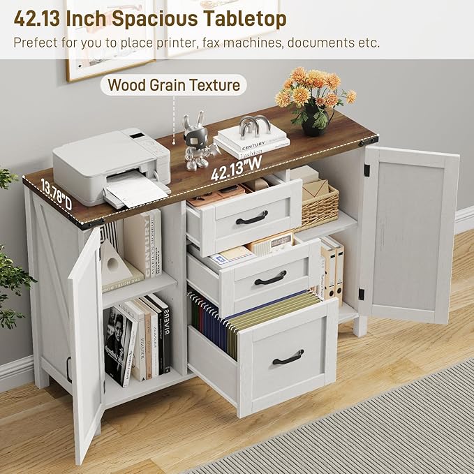 3 Drawer File Cabinet, Farmhouse Lateral Filing Cabinet with Doors Fits Letter or A4 Size, Wooden Printer Stand with Open Storage Adjustable Shelf for Home Office, Rustic White