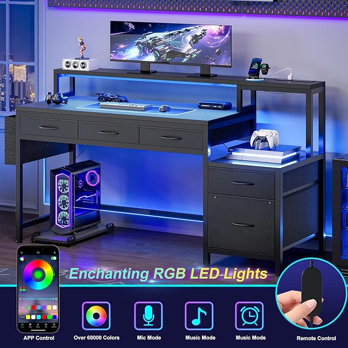 REAHOME 61 Inch Gaming Desk with Charging Station and LED Lights, Reversible Computer Desk with Storage Drawer and Monitor Stand, Modern Desk Table with File Cabinet & Side Pocket, Carbon Fiber Black