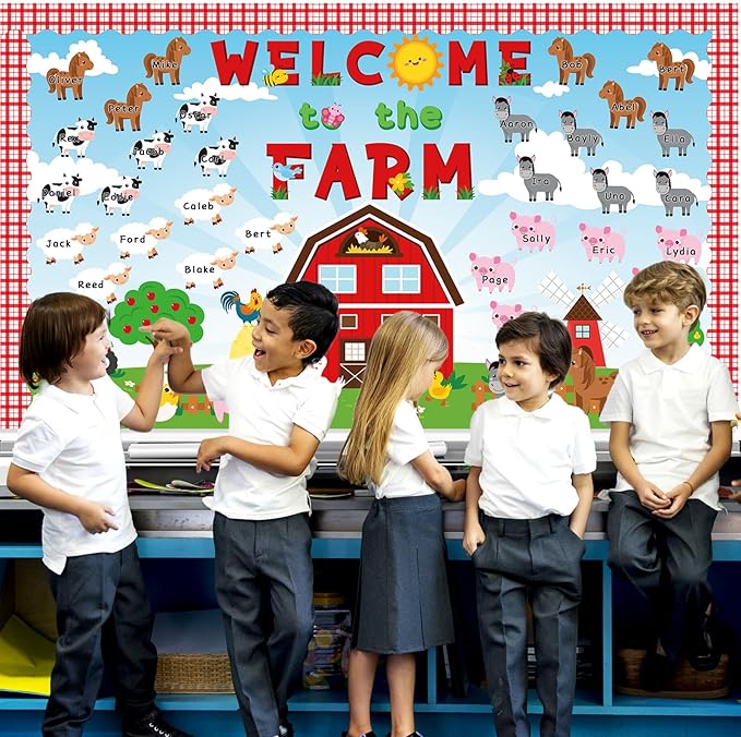 gisgfim Farm Animals Bulletin Board Decorations with Background Welcome to The Farm Paper Cutouts Barnyard Farm Back to School Bulletin Board Set for School Classroom Chalkboard Wall Decor Supplies