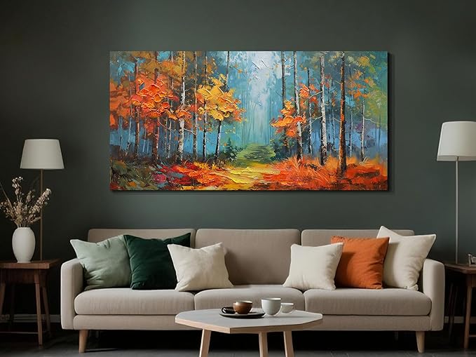 Arjun Nature Wall Art for Living Room, Landcape Canvas Forest Painting for Bedroom, Framed Textured Reddish Artwork Extra Large Picture Dining Room Kitchen Home Office Wall Decor 58"x29"